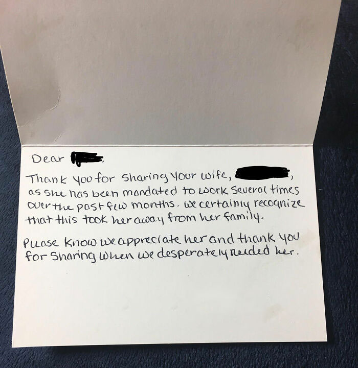 “My HUSBAND Got A Thank You Card For ‘Sharing’ Me With The Hospital”: Nurse's Infuriating Thank You Card Goes Viral Online