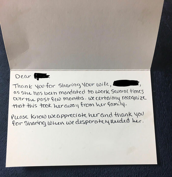 “My Husband Got A Thank You Card For ‘Sharing’ Me With The Hospital”: Nurse's Infuriating Note Goes Viral Online “My Husband Got A Thank You Card For ‘Sharing’ Me With The Hospital”: Nurse's Infuriating Note Goes Viral Online