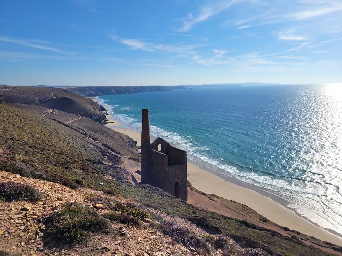 Chapel Porth Beach, Cornwall UK, View From Wheal Cotes Mine
