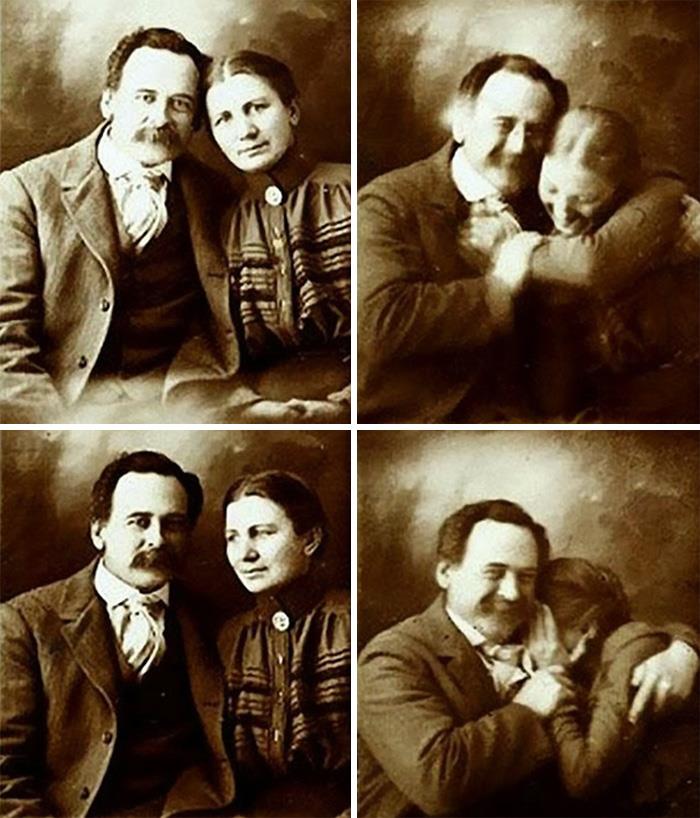 Una pareja victoriana intenta no reírse mientras les hacen un retrato, década de 1890