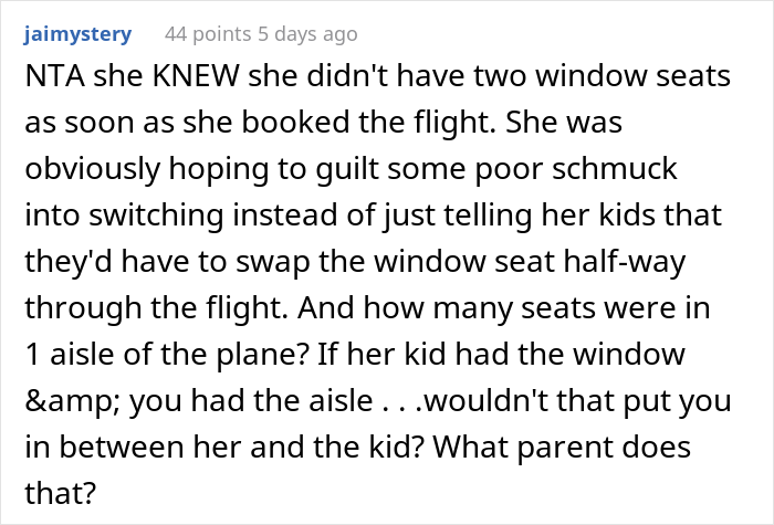 Passenger Refuses To Trade Seats With A Kid And Their Mom Is Furious, Wonders If They Were Really A Jerk