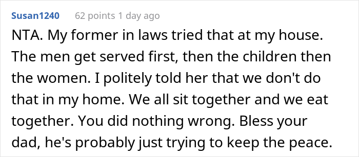 “I Said That He Could Starve”: Sexist Father-In-Law Left Family Gathering After Woman Refused To Serve Him Dinner “I Said That He Could Starve”: Sexist Father-In-Law Left Family Gathering After Woman Refused To Serve Him Dinner