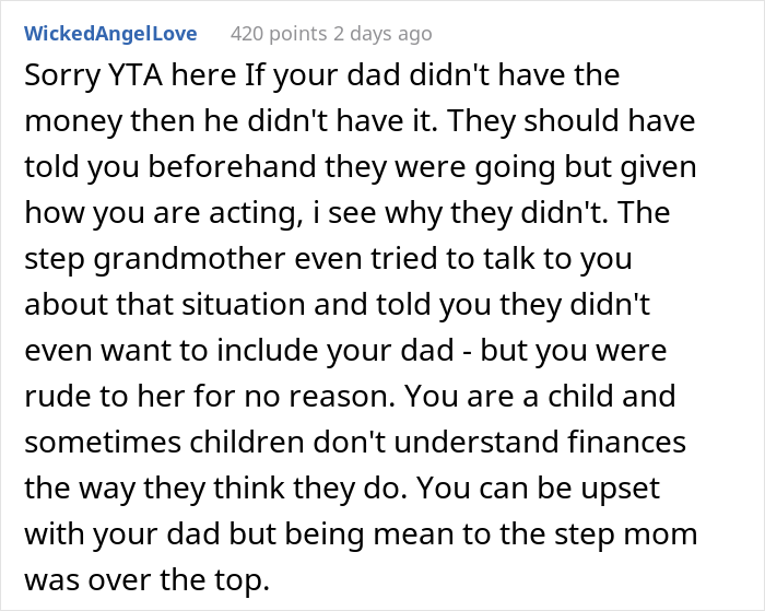 16 Y.O. Daughter Disappointed With Her Father As He Did Not Invite Her On His New Family's Paris Vacation, Gets Called A Jerk 16 Y.O. Daughter Disappointed With Her Father As He Did Not Invite Her On His New Family's Paris Vacation, Gets Called A Jerk