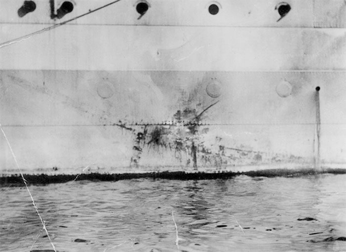 The Imprint Of A Mitsubishi Kamikaze Along The Side Of HMS Sussex