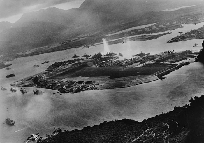 Pearl Harbor Attack. The Photograph Was Taken From A Japanese Plane During The Torpedo Attack On Ships Moored On Both Sides Of Ford Island, 7 December 1941
