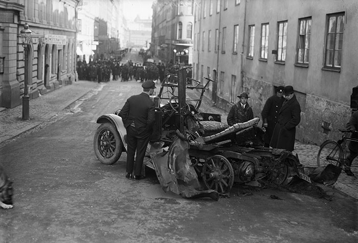 Aftermath Of An Early Car Bomb. The Intended Victim Was Blown To Pieces. Stockholm, Sweden In 1926