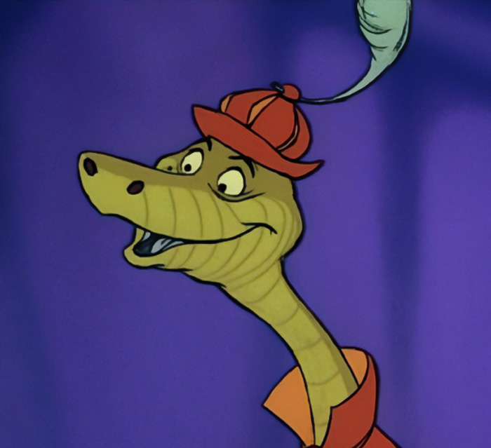 Sir Hiss wearing a hat with feather 