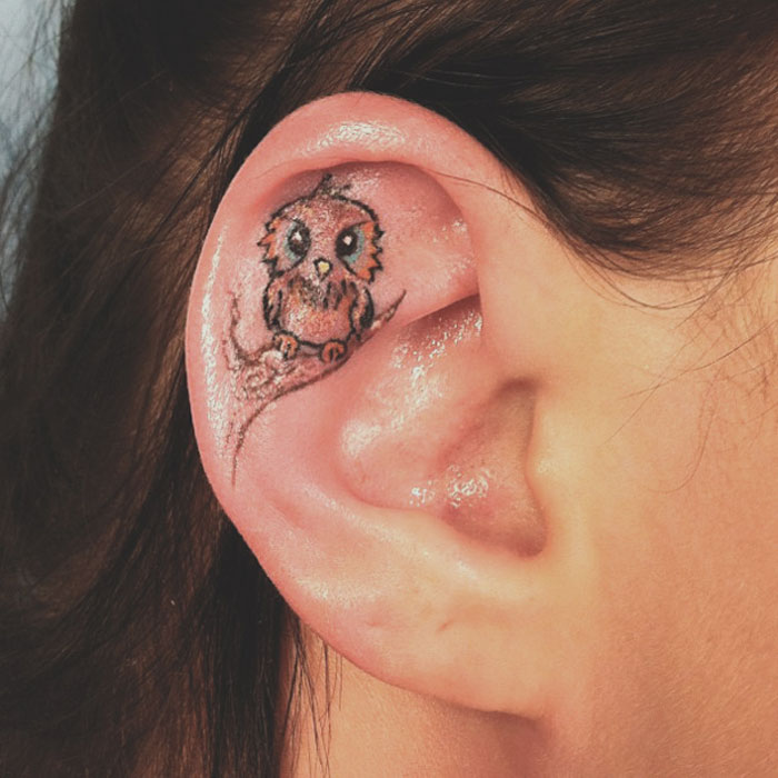 Owl ear tattoo design displaying intricate and colorful details inside the ear.