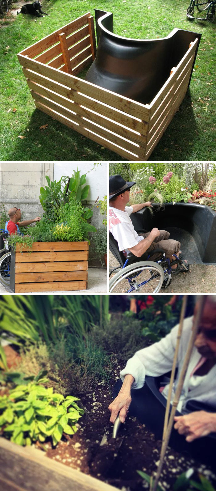 Jardinería accesible en silla de ruedas. Utilizado para terapia de jardín, rehabilitación, hospicio. Desarrollado en Douvres-La-Délivrande, Francia