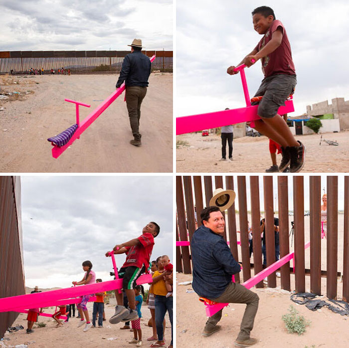Los subibaja atraviesan el muro fronterizo entre EE.UU. y México, por Ronald Rael y Virginia San Fratello