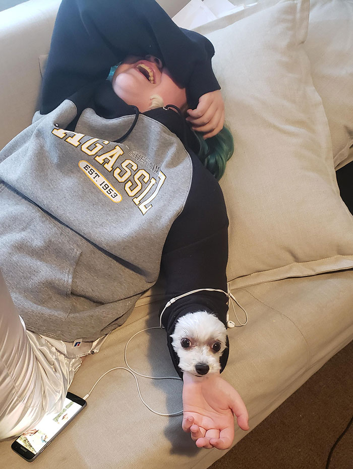 So, Cassidy, My Daughter, Was Snuggling Elsa, Our Rescue Pup, Under Her Hoodie. I Walked Into The Room And Asked "Where's Elsa?" Well, Elsa Tried To Get To Me