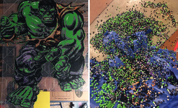 My Friends 4-Inch (10.16cm) Hulk Perler Bead Project. He Sent Me The Finished Picture Following Immediately By The "After." He Had Over 30 Hours Into It