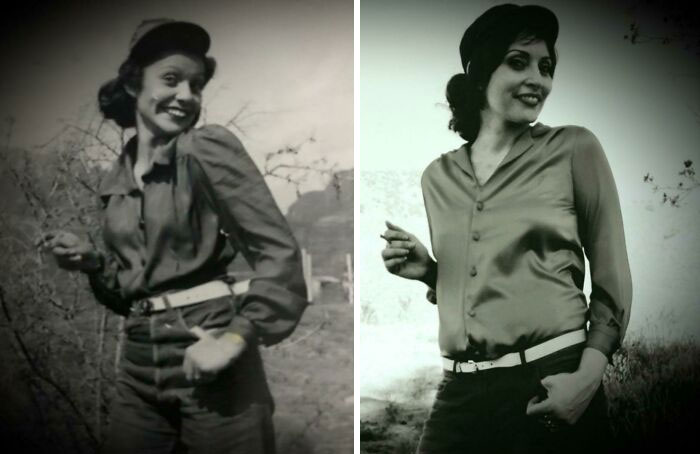 Recreé esta foto de mi abuela de 1945 para mi papá en el Día del Padre. No me di cuenta de lo mucho que me parecía a ella