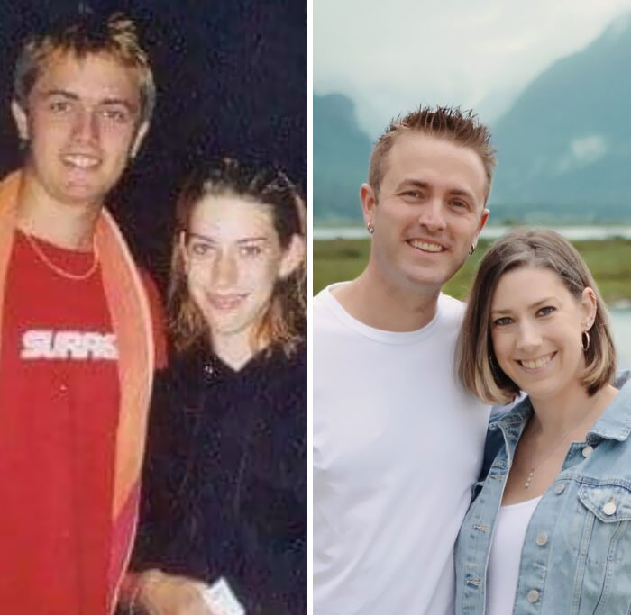 19 Years Ago Today, My Wife And I Met In A Waterslide Line. Here's Us The Night We Met And Us Now