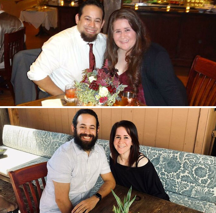 These Pictures Were Taken At The Same Restaurant, But About 2 Years Apart. He’s Lost 90 Lbs And I’ve Lost 135 Lbs
