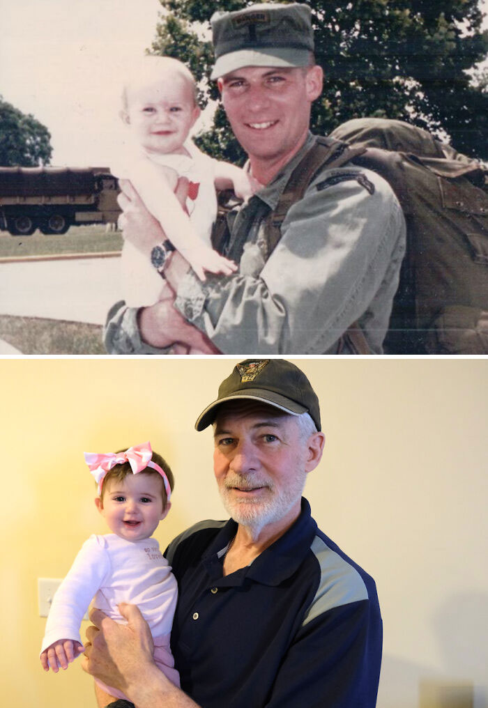 My Dad With His First Child (My Sister, 1988) And With His First Grandchild (Her Daughter, 2021). It Wasn't Recreated Intentionally. He Holds Every Baby Like That