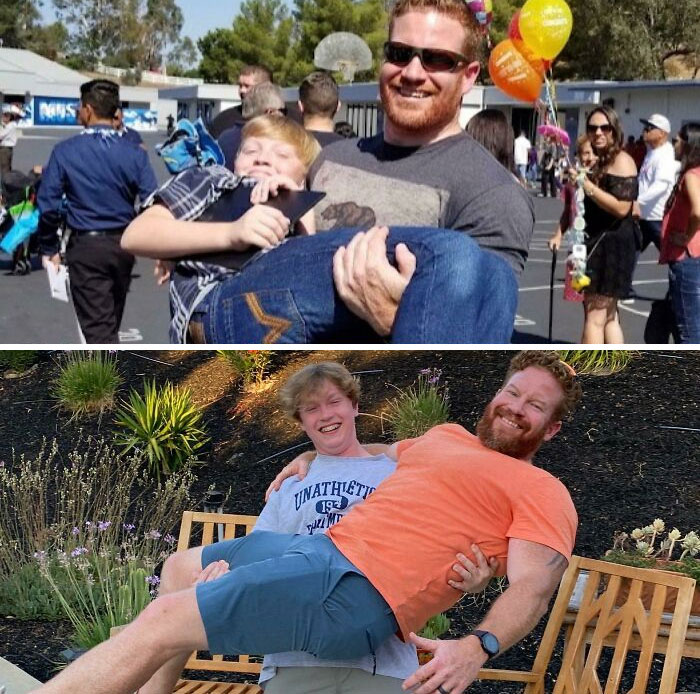Me Holding My Son At His 8th Grade Graduation vs. Him Holding Me At His HS Graduation