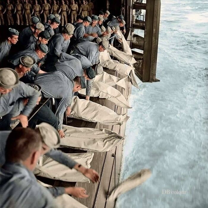 This Is A Mass Burial At Sea, On The Uss Intrepid In 1944 Following A Kamikaze Attack