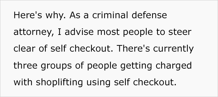 Text image of a criminal defense lawyer advising against using supermarket self-checkouts due to shoplifting charges. Text image of a criminal defense lawyer advising against using supermarket self-checkouts due to shoplifting charges.