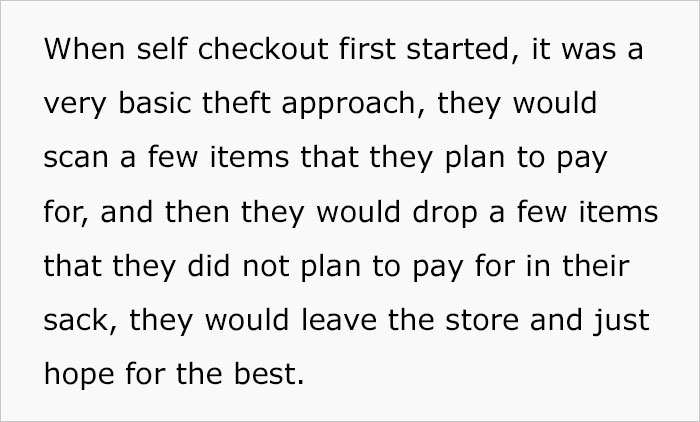 Text about self-checkouts in supermarkets highlighting potential theft issues. Text about self-checkouts in supermarkets highlighting potential theft issues.