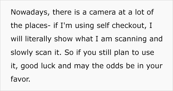 Text on avoiding self-checkouts due to surveillance, highlighting a cautious approach to scanning items. Text on avoiding self-checkouts due to surveillance, highlighting a cautious approach to scanning items.