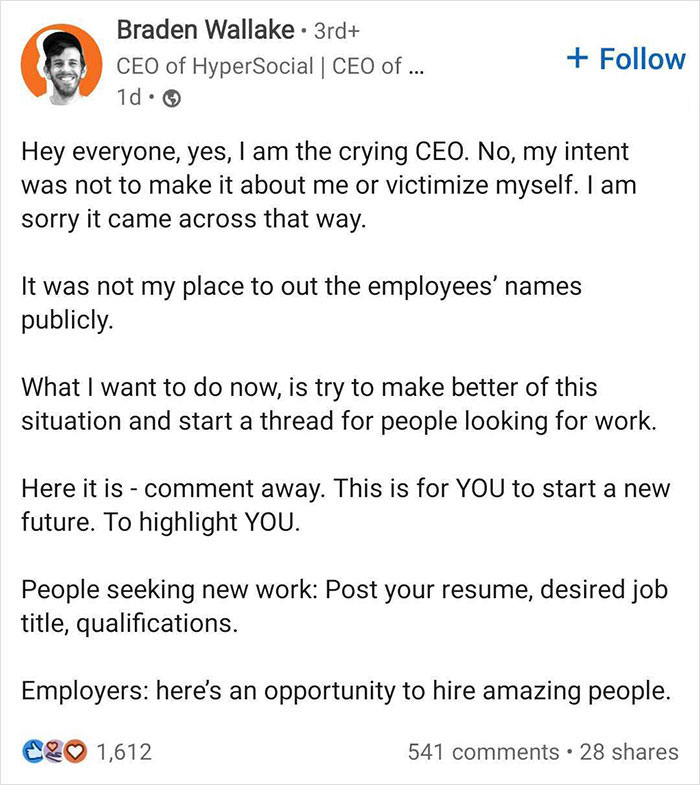 CEO Posts A Crying Selfie After Laying Off Employees, Receives A Major Backlash CEO Posts A Crying Selfie After Laying Off Employees, Receives A Major Backlash