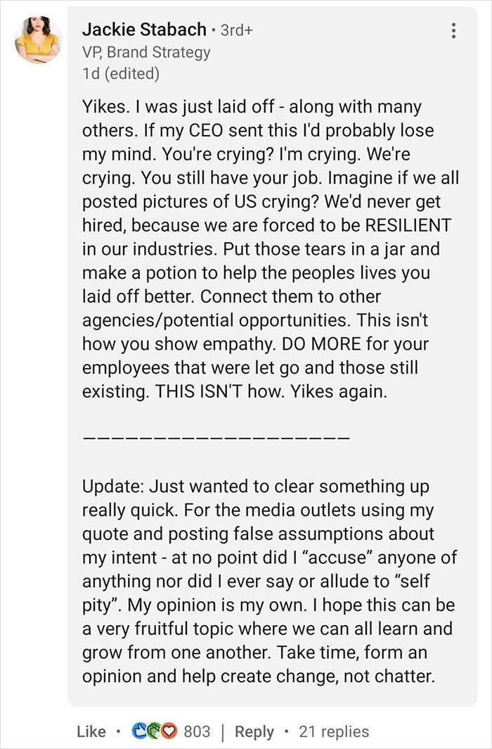 CEO Posts A Crying Selfie After Laying Off Employees, Receives A Major Backlash CEO Posts A Crying Selfie After Laying Off Employees, Receives A Major Backlash