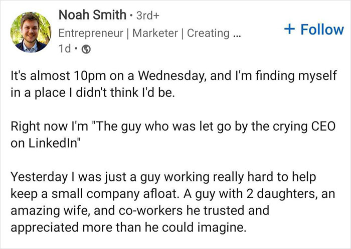 CEO Posts A Crying Selfie After Laying Off Employees, Receives A Major Backlash CEO Posts A Crying Selfie After Laying Off Employees, Receives A Major Backlash