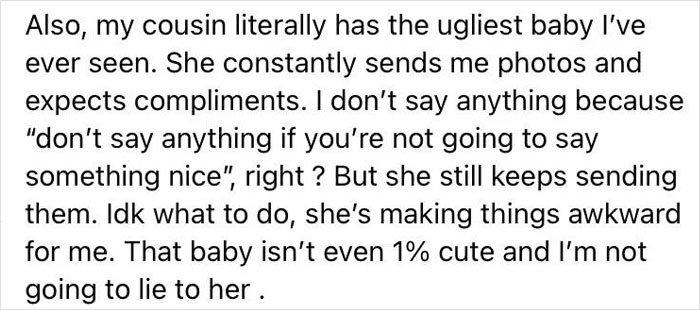 Mom Of 'Perfect' Kids Can't Lie To Cousin Saying Her Baby Is Not 'The Ugliest', Asks For Advice But Gets Blasted Instead