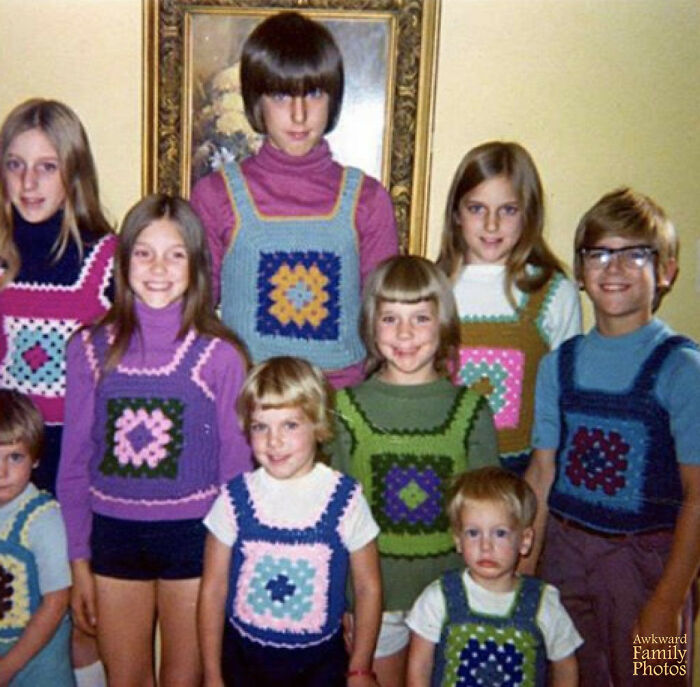 “Grandma Made These Wonderful Crochet Vests For Each Of My Husband’s Siblings. He Looks Strangely Happy About It. (Far Right)”
