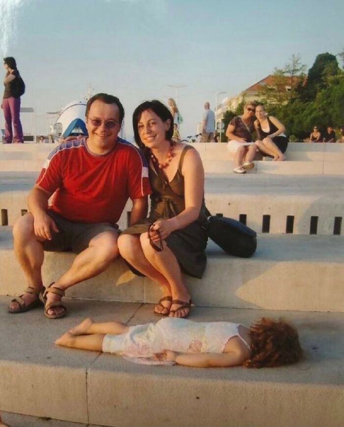 “My Parents And My Little Sister On A Vacation In Croatia. It Was A Long Day And She Was Quite Tired”
