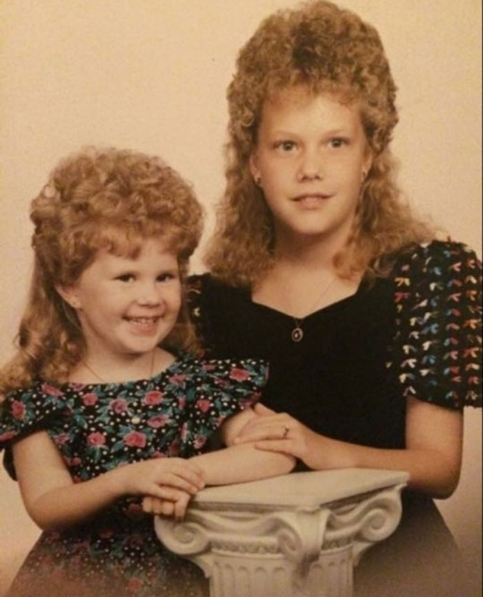 “Our Grandma Used To Not Only Give My Sister And Me Mullets In The 80s, She Would Then Perm Them. Matching Permed Mullets. Need I Say More?”⁠
