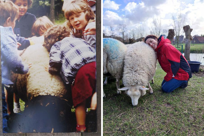 Me (Red Dress) In 1982 Visiting A Farm, Me Today In 2022 Working On That Same Farm