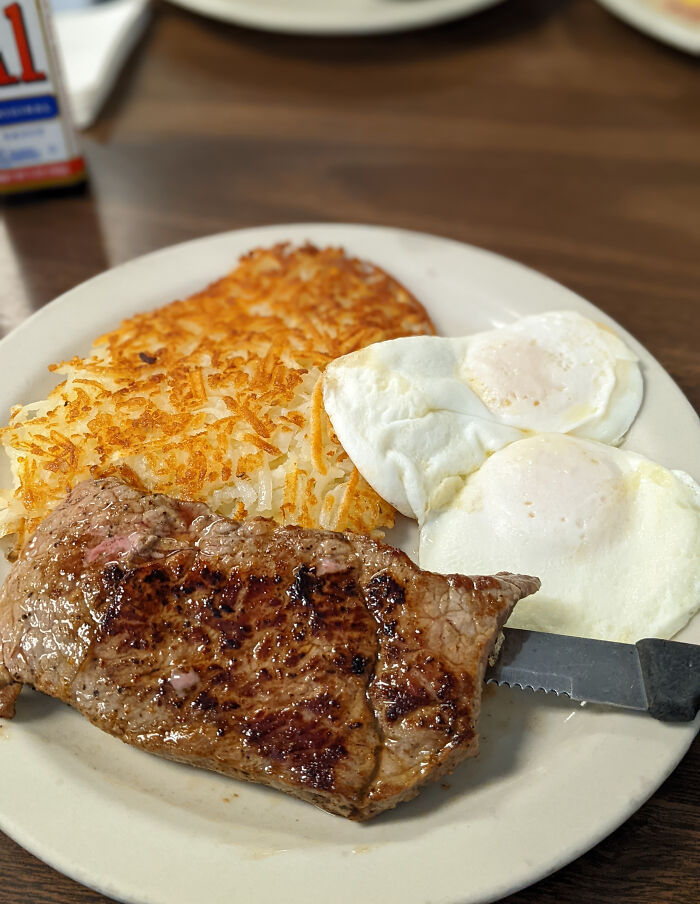 Steak, Eggs, And Hashbrowns (With Steak Sauce) In Texas