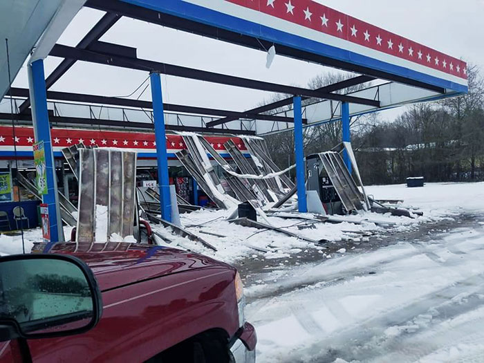 A Gas Station Is Unable To Hold Up Due To Severe Snow Weight