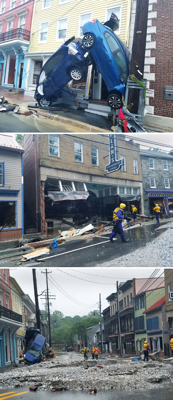 Tras la inundación, los cuerpos de bomberos y de rescate van de puerta en puerta para comprobar la seguridad de las estructuras