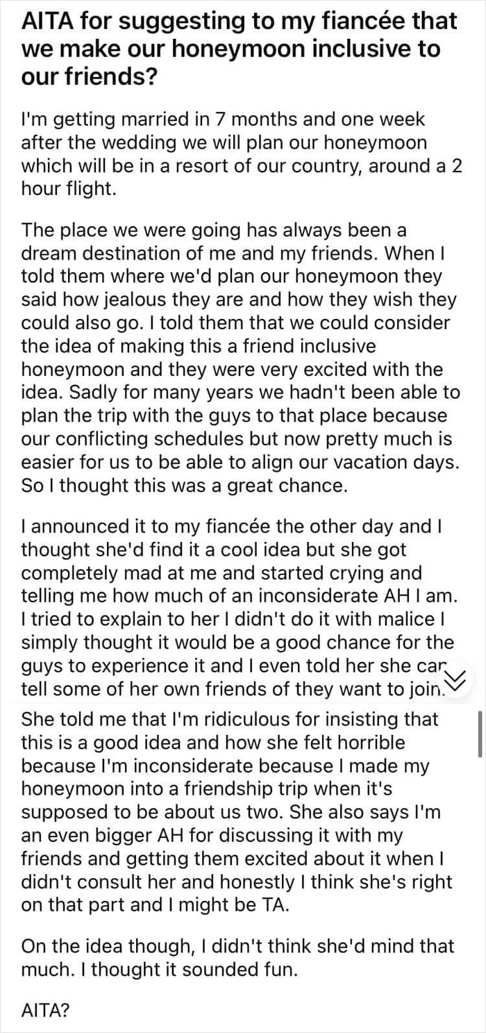Guy Asks Fiance If He Can Invite His Friends On Their Honeymoon