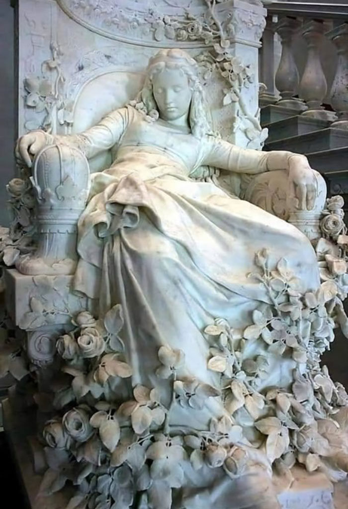 Surrounded By Delicate Branches Of Roses, The Fairy Sleep Lies On A Marble Chair. Louis-Sussmmann Hellborn 1828-1908 German Sculptor. Sleeping Beauty