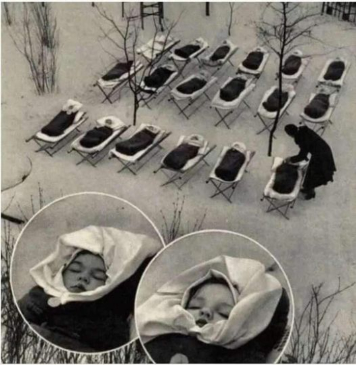 Los bebés que se quedan a dormir fuera, fortalecen el sistema inmunológico, Moscú 1958