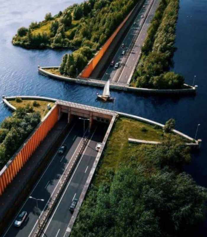 Driving Under The Veluwemeer Aqueduct - The Netherlands Unique Water Bridge