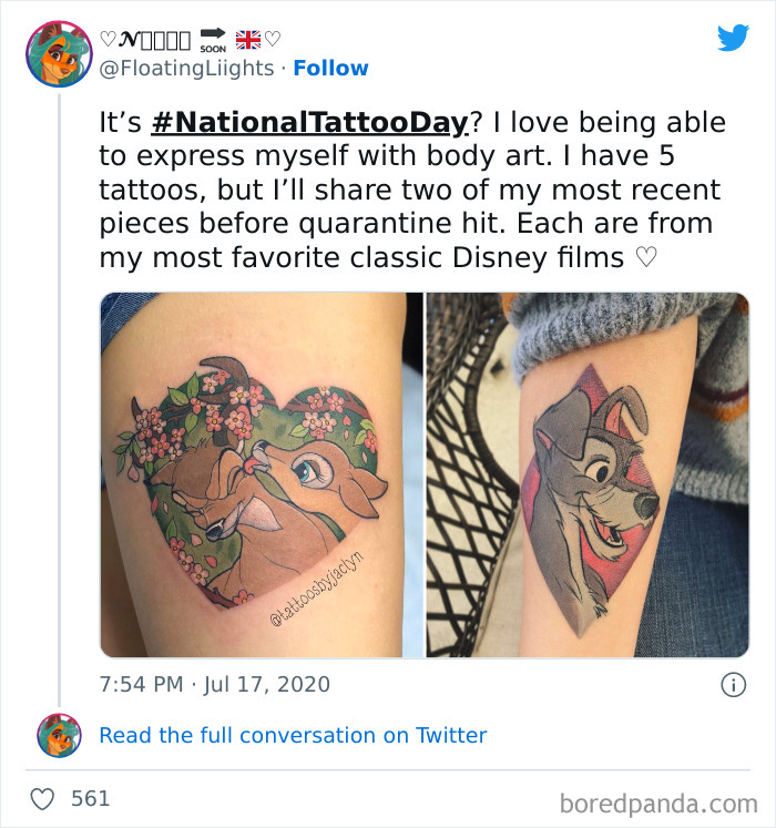 Disney characters from 'Bambi' and 'Lady and the Tramp' tattoos