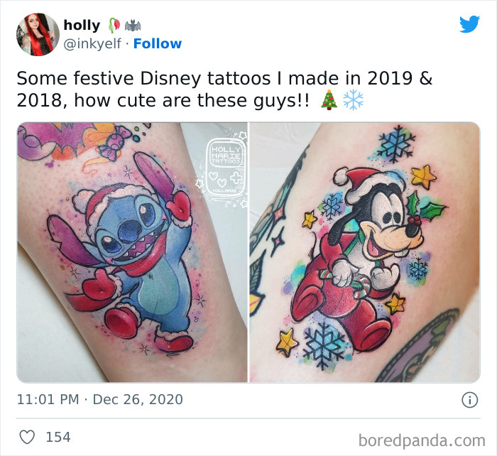 Disney characters Stitch and Goofy tattoos