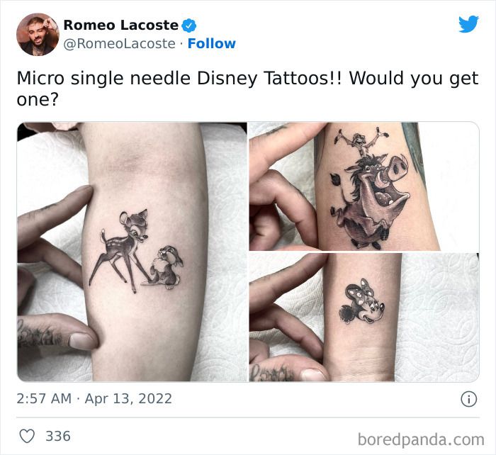 Disney's characters Bambi, Timon & Pumbaa and Minnie Mouse tattoos