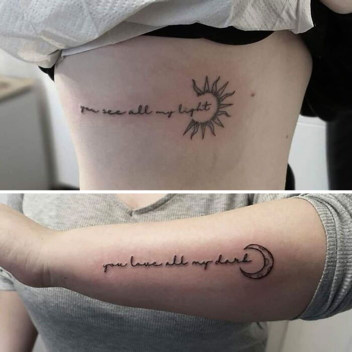 "You See All My Light", "You Have All My Dark" inscriptions with sun and moontattoos