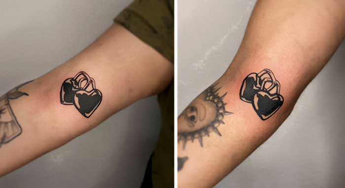 Locked hearts matching elbow tattoos