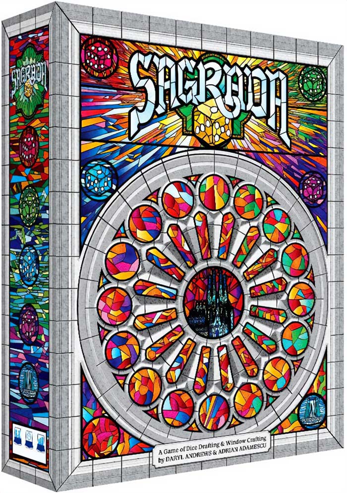 Colorful strategy board game Sagrada box featuring a stained glass window design and dice drafting elements.