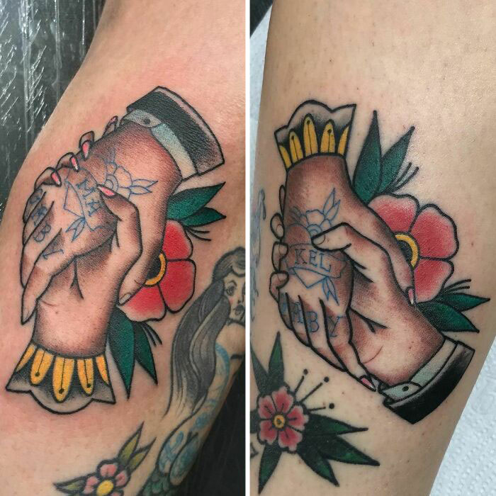 Holding hands watercolor matching tattoos