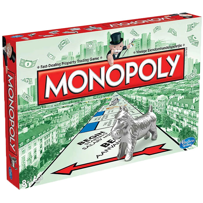 Monopoly board game box with iconic silver dog token and Mr. Monopoly character, a classic strategy board game choice.
