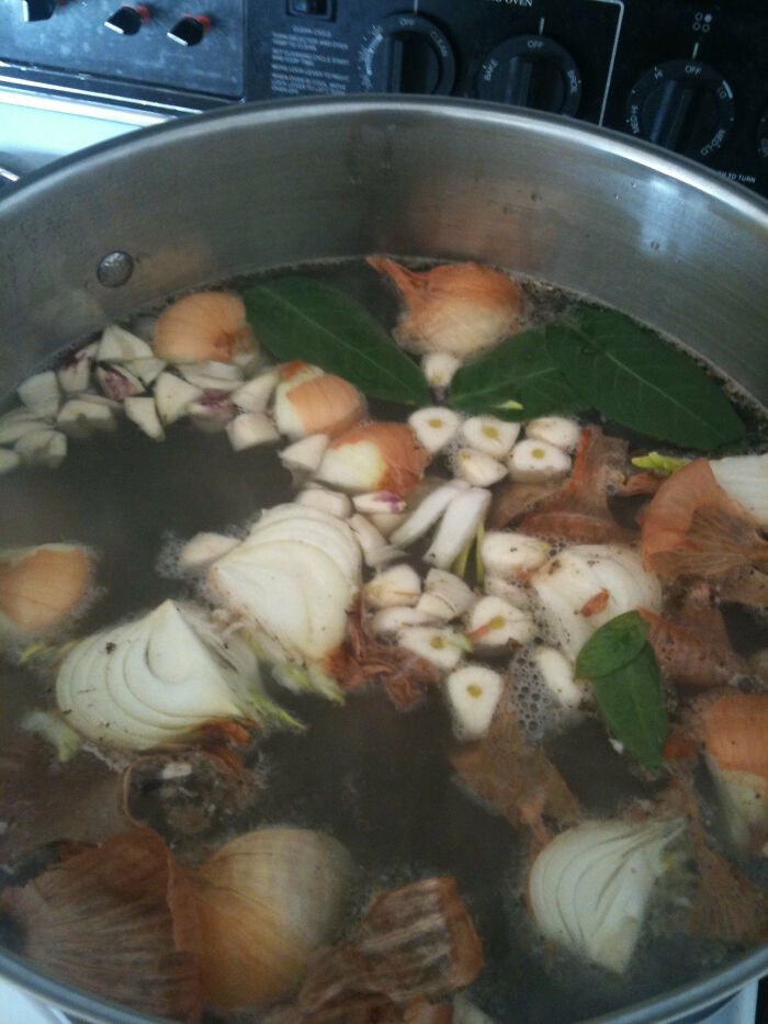 Use chicken bones cooked in broth