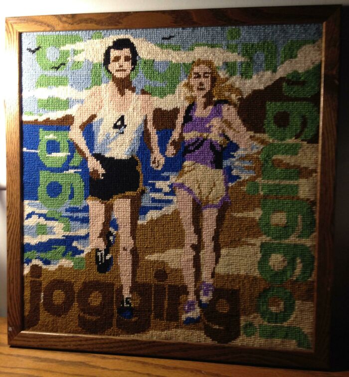 This Is Why The Bins Wins. 1970s Jogging Cross Stitch!